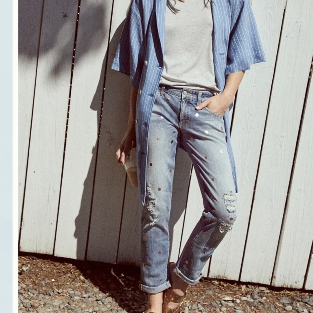 Anthropologie Pilcro Polka Dot Mid-rise Boyfriend Distressed Cropped Jeans Sz 26